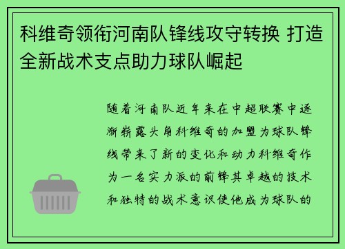 科维奇领衔河南队锋线攻守转换 打造全新战术支点助力球队崛起